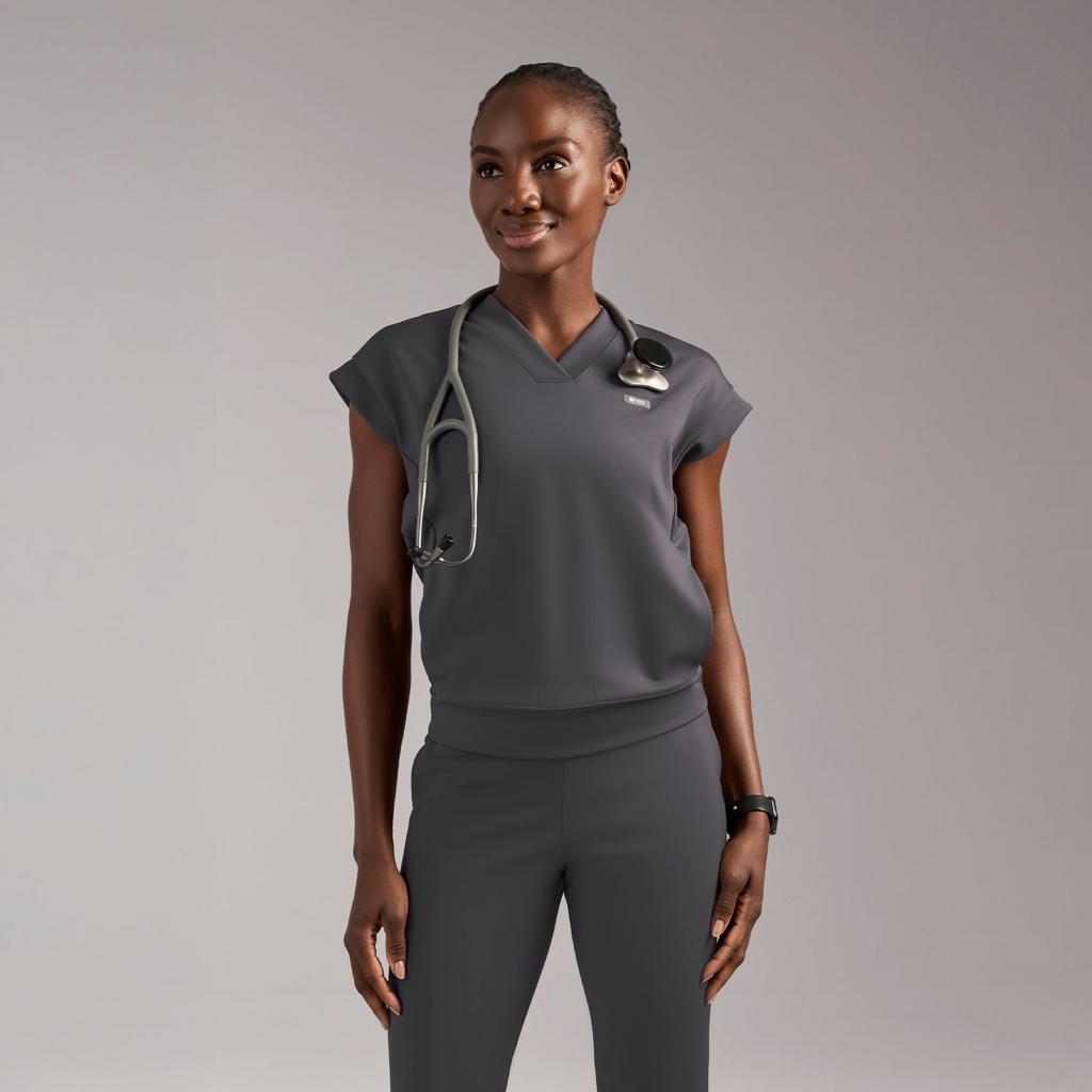 Model wearing charcoal medical scrubs