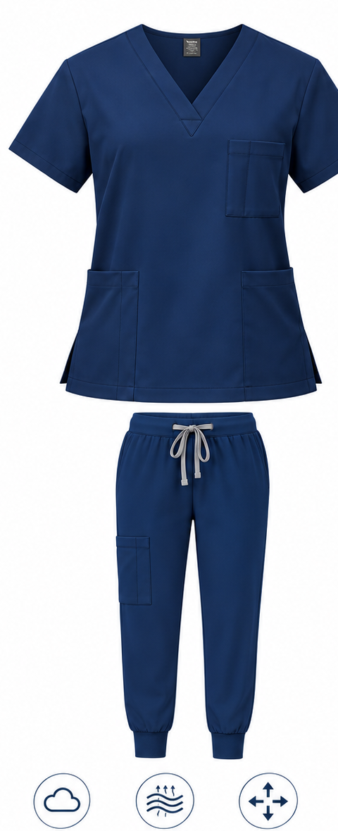 The Scrub Dr. unisex V-neck scrub set with jogger-cuff pants in navy