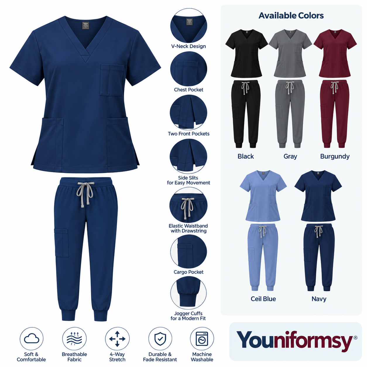 YOUniformsY women's V-neck scrub set showing product features, available colors, and fabric benefits