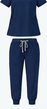 The Scrub Dr. unisex V-neck scrub set with jogger-cuff pants, shown in navy